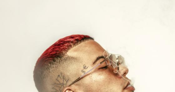 Profilo di persona con capelli rossi e tatuaggi, atmosfera eterea.
