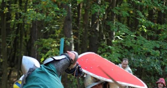 Due cavalieri medievali combattono con scudi e spade in un bosco.