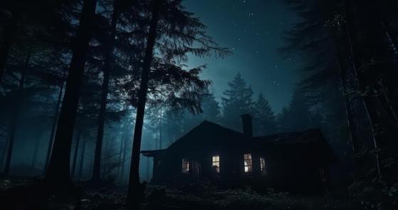 Casetta nel bosco notturno, luce calda, atmosfera misteriosa e serena.