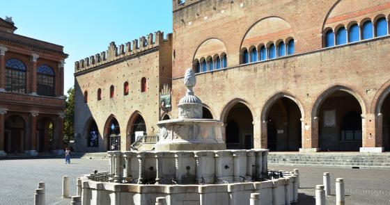 Fontana storica in piazza con edifici medievali, atmosfera di pace e storia.